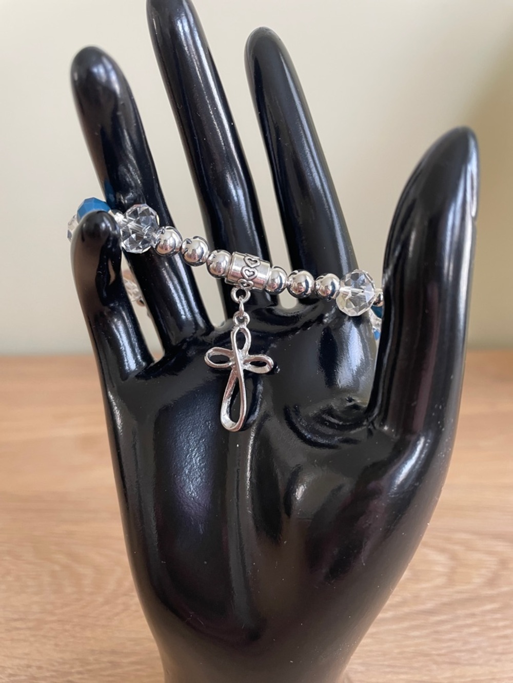 HAND CRAFTED CRYSTAL & INFINITY CROSS STRETCH BRACELET Blue, Clear, & Silver - Picture 10 of 16